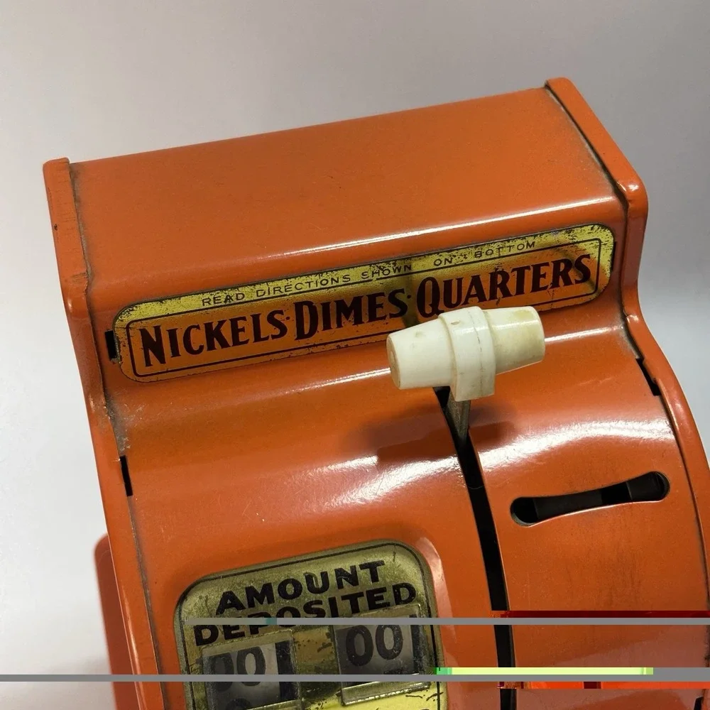Vintage Orange Uncle Sam's 3 Coin Register Bank Metal Nickel Dime Quarters Japan
